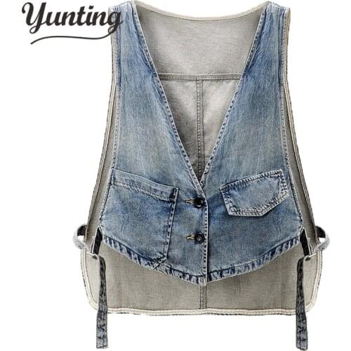 Summer Vest Denim Ladies 2021 Vintage Jacket Sleeveless Coat Casual Crop Top Womens Waistcoat Jean Blue
