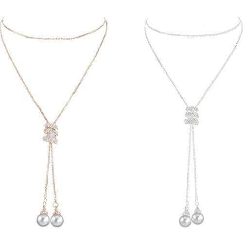 Fashion Charm Alloy Rhinestone Tassel Pendant Pearl Long Chain Sweater Necklace Clothes Accessories