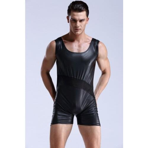 New Mens Bodysuit Jumpsuit Sexy Soft Faux Leather Bodysuit Breathable Mesh Lingerie Shape Boxers And Vest Integrated Gym Suit