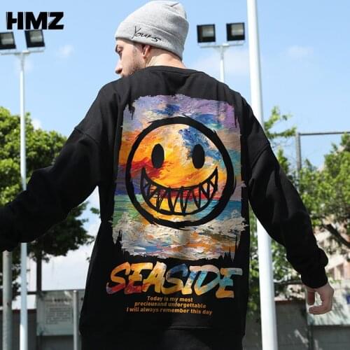 HMZ Autumn Sweatshirt Men Paint Smiley Print Hoodie Round Neck Sweatshirt Cotton Streetwear Pullover Mens Hip Hop Top Clothes
