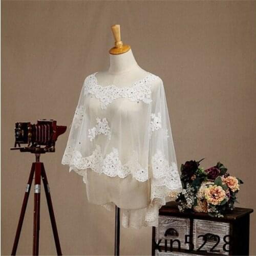 Beach Bridal Jacket Bolero Wedding Shawl lace tulle crystal Wrap Cape White/Ivory Shrug custom size