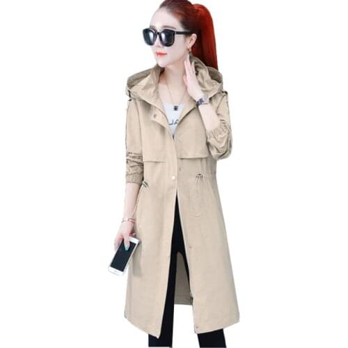 Khaki Long Trench Coat Spring 2020 Lace Up Waist Hooded Thin Overcoat Women Solid Elegant Coats Female Windbreakers Plus Size