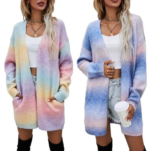 IMCUTE Y2K tie-dye printed knitted long-sleeved mid-length sweater coat autumn and winter V-neck cardigan sweater with pockets