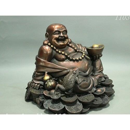 China Buddhism Bronze Wealth Coin Toad Happy Maitreya Buddha Statue