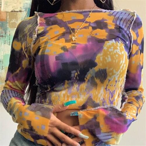Spring Summer Women T Shirts Long Sleeve Round Neck Colorful Printed Transparent Mesh Sheer Fashion Casual Pullover Daily Tee