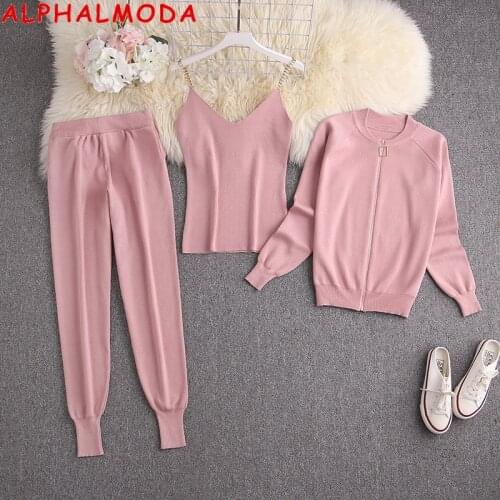 ALPHALMODA Normal Quality Zipper Cardigans + Chain Vest + Pants Women 3pcs Fashion Suit Autumn Winter Cozy Knitting Tracksuits