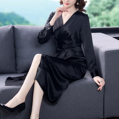 Vintage Black Satin 5XL Plus Size Office Lady Dresses 2021 Spring Autumn Casual Midi Dress Women Bodycon Elegant Party Vestidos