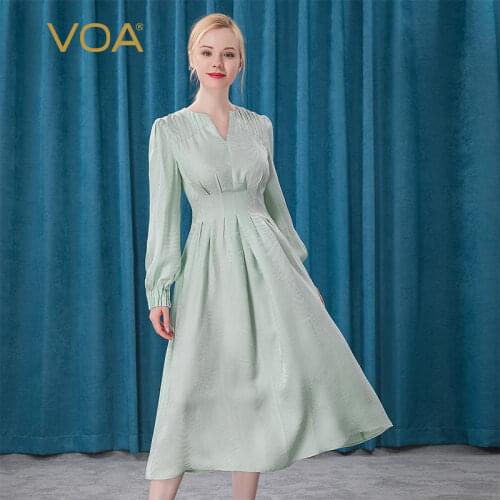 VOA Silk Jacquard Half Open Collar Lantern Sleeve Office Lady A-Line Dresses Women A10063 Vestido Spring Party Befree Dress 2021
