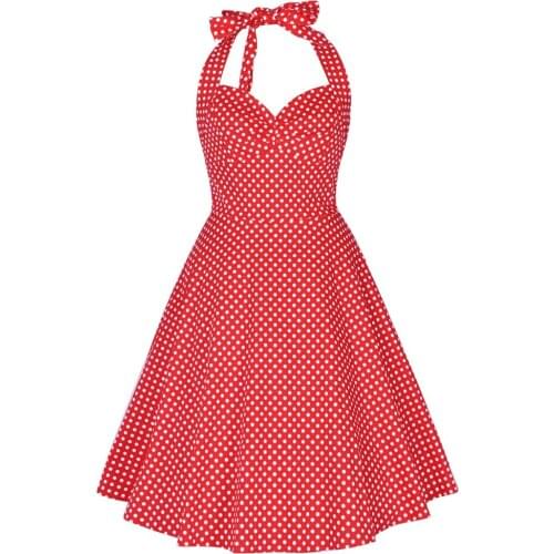 Sexy Halter Party Dress Retro Polka Dot Hepburn Vintage 50s 60s Pin Up Rockabilly Dresses Red Black Robe Plus Size Summer Dress