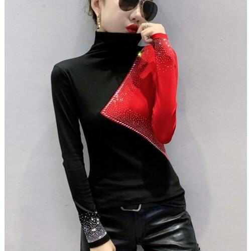 #5741 Black With Red Turtleneck T Shirt Women Diamonds Sexy Tight T Shirt Woman Long Sleeve Slim Casual Cotton Korean Style Tide