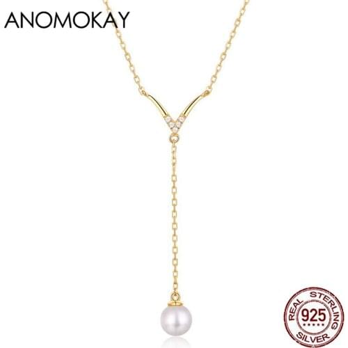 Anomokay New Arrivals V Shape Gold Color Necklace with Long Chain Link Pearl Jewelry Real Sterling 925 Silver Long Necklace Gift
