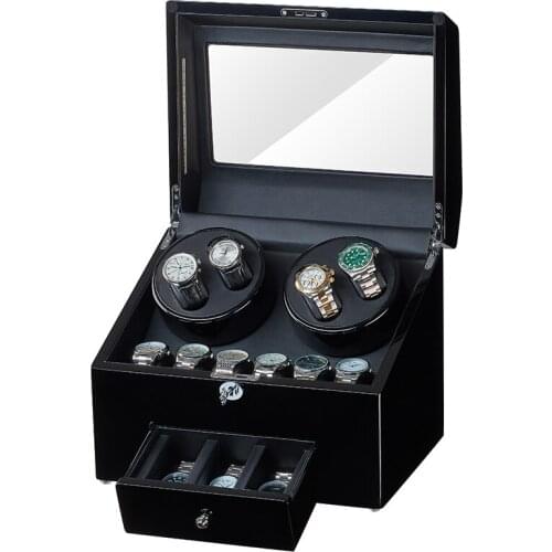 Automatic Baking Finish Wood Watch Winder Display Box 4+9 Storages Interior Black PU Leather With LED Light