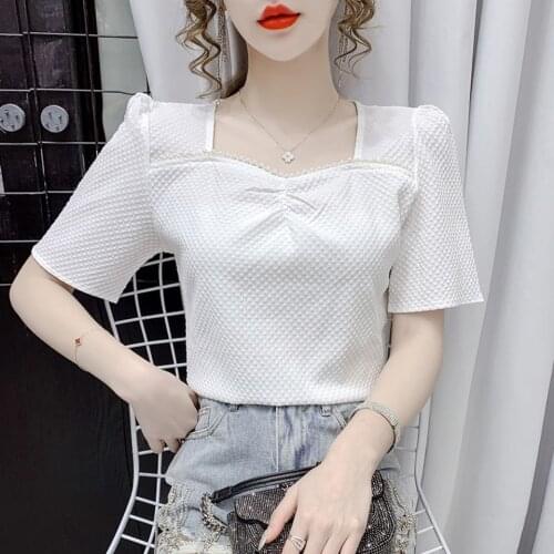 Beading Square Collar Short Sleeve Blouses Summer Korean Style Temperament Shirts Solid Color Fashion Blusas Tops MM0611