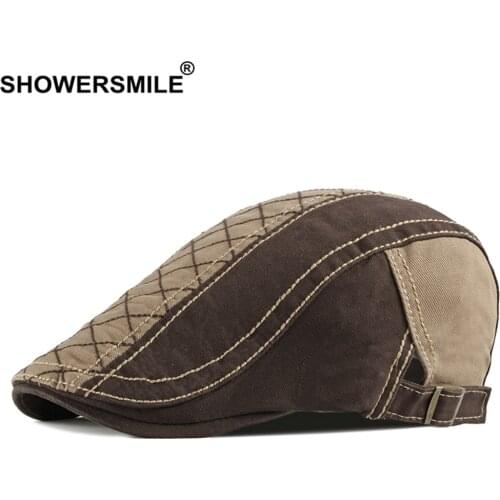 SHOWERSMILE Flat Cap for Men Beret Hat British Style Khaki Patchwork Spring Suumer Cotton Casual High Quality Mens Ivy Hats