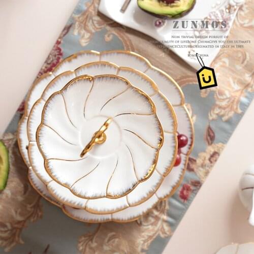 Gold inlay cake desserts plates 2/3 layers dishes plates ceramic tray