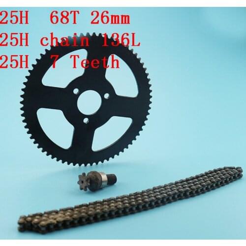 Chain sets 68Teeth(26mm) Rear Sprocket + 25H Chain(136 Links)+7Teeth Sprocket Shaft for 2 Stroke Minimoto Pocket Bike 47cc49cc