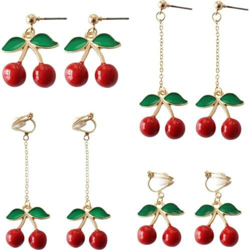 Korean Romantic Sweet Cute Green Leaf Long Red Cherry Clip Earrings No Hole Wihout Piercing Earrings For Women Young Girls