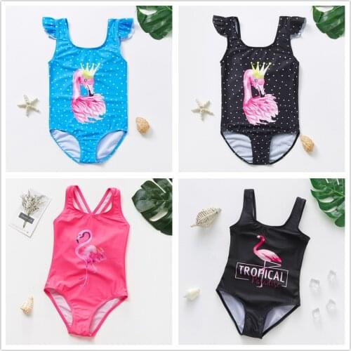 Flamingo Swimsuits for Girls One-Piece Bathing Suit Printed Beach Wear New Summer Black Lovely Children Girls Swimsuits 9071