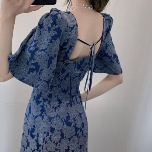 Summer Women Square Collar Vintage Chic Dresses Lady printing Pagoda Sleeve Flounced Skirt Grace Elegant Party Long skirts