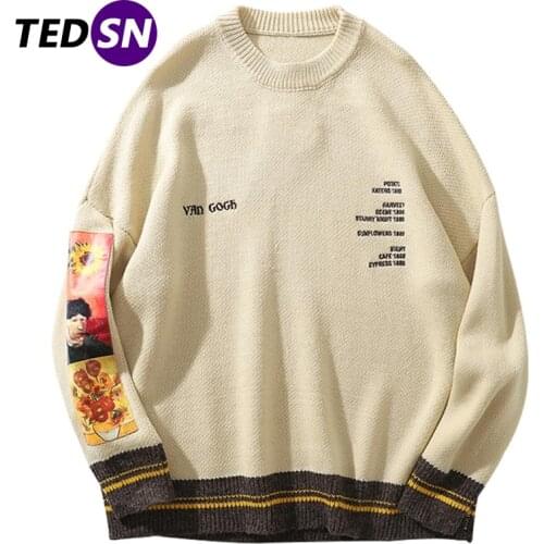 Hip Hop Fashion Sweater Pullover Men Van Gogh Painting Embroidery Knitted Sweater Harajuku Male Streetwear Tops Casual Pullover