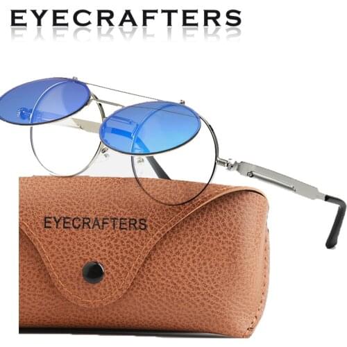 2021 NEW Double Lens Fashion Flip Up Lens Steampunk Vintage Retro Style Round Sunglasses Spring Legs Clamshell Eyewaer