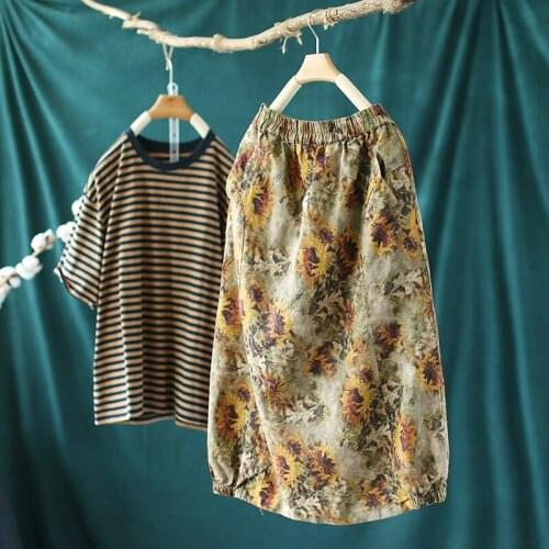 Autumn 2021 new ramie print skirt female high waist thin a-line mid-length skirt