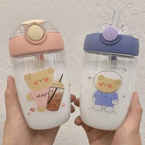 420ml PP Plastic Water Bottles With Silicone Straw Travel Button Press Drinking Bottle Durable BPA Free Tea Mug Outdoor Camping