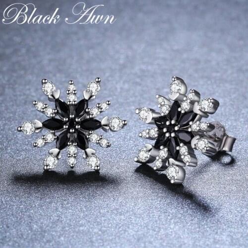Christmas Gift 925 Sterling Silver Jewelry Engagement Stud Earrings for Women Snowflake Black Spinel Female Earring I006