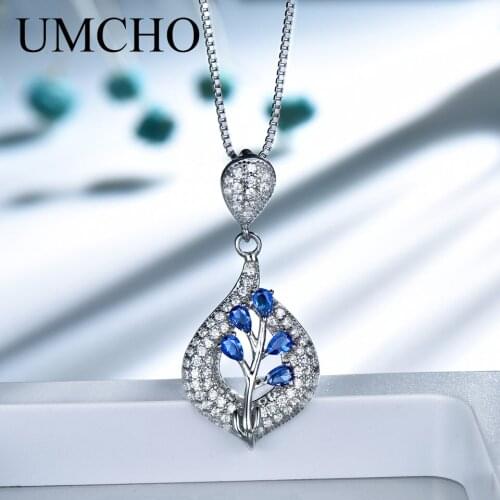 UMCHO Solid 925 Sterling Silver Leaf Blue Pendant Necklace Gemstone For Girl Gift Fine Jewelry