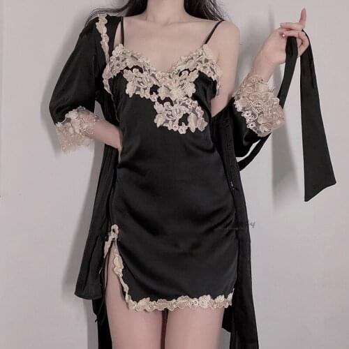 Gothic Bride Bridesmaid Wedding Lingerie Lace Sleepwear Pajamas Dressing Gown for Women Embroidery Silky Homewear Pajama Set