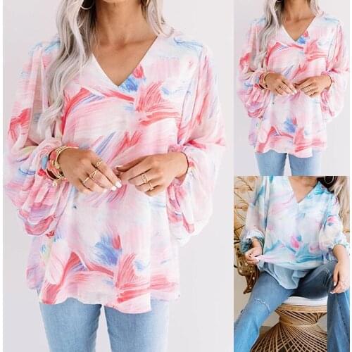Spot Summer New European and American Womens Fashion Long Sleeve V-neck Printed Chiffon Top Om9328 Blouse Women