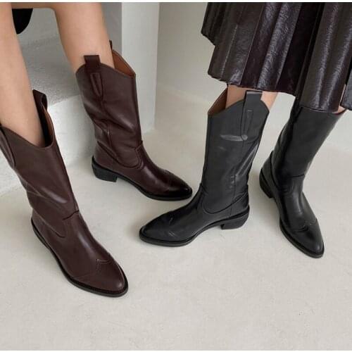 Size 33-42 Leather Pointed Boots Women Thick Heels 2020 Fall Winter Fashion Boots Women White Brown Black