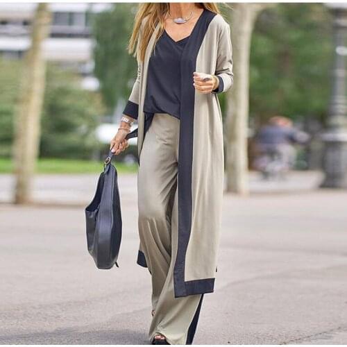 Autumn Female Three Piece Set Womens Vintage V Neck Vest Tops + Patchwork Cardigan Robe + Long Pants Elegant Office Lady Suit