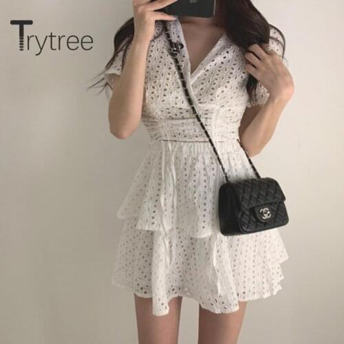 Trytree 2020 Summer Women Two Piece Set Casual V-neck Drawstring Hollow Out Tops + Skirt Mini Cake Skirt Fashion Set 2 Piece Set