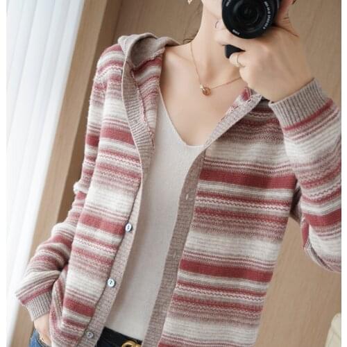 Spring and Autumn Womens Cardigan Knitted Jacket 100% Wool Loose Striped Cardigan Loose Large Womens Top