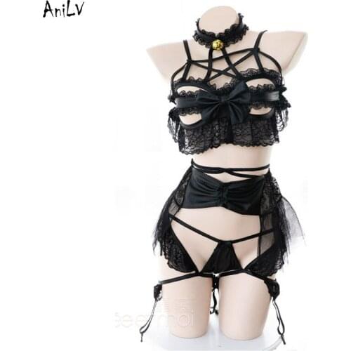 AniLV Pentagram Devil Wing Bells Bandage Lace Uniform Bodysuit Temptation Lingerie Costume Bundled Underwear Pajamas Clothes