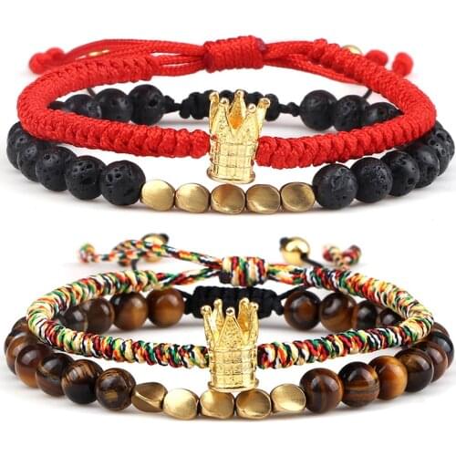 2Pcs/Set Handmade Adjustable Braided Bracelet Charm Crown Copper Beads Natural Tiger Eye Lava Stone Bangles Couple Yoga Jewelry