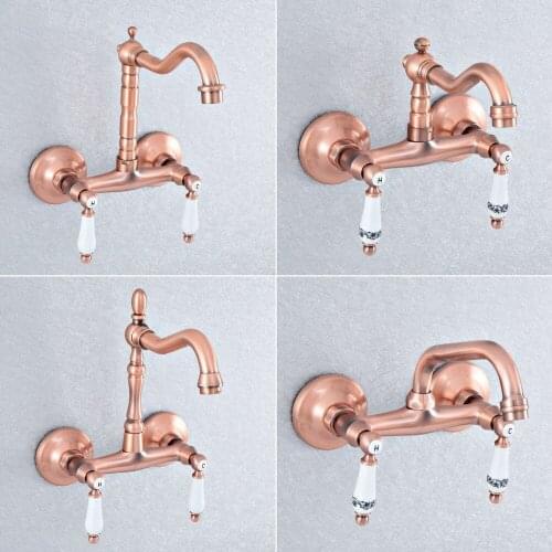 Antique Red Copper Brass Wall Mounted Bathroom Kitchen Sink Faucet Swivel Spout Mixer Tap Dual Ceramic Handles Levers msf892