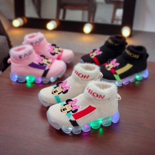 Disney childrens cartoon Minnie girl non-slip soft-soled casual shoes plus velvet warm sports shoes LED student running cotton