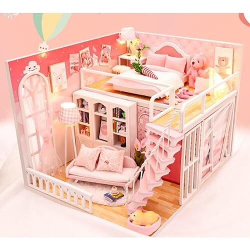 DIY Wooden Miniature Dollhouse Kit Princess Loft Room Casa with Furniture Villa Doll House Assembled Toys for Girls Adults Gifts