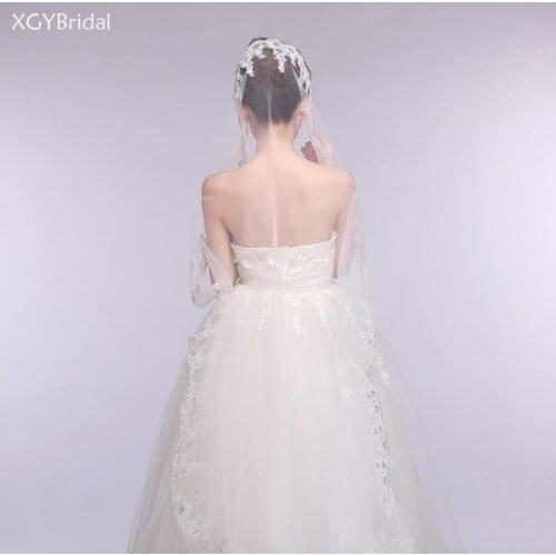 Ivory Long Bridal Veils Without Comb One Layer With Pearls Velos de Noiva Wedding Beads Veil Lace Edged Wedding Accessories