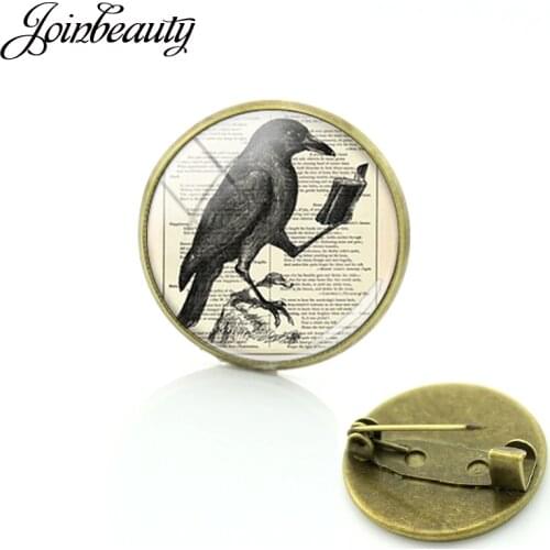 JOINBEAUTY Drop shipping Vintage jewelry Glass cabochon crow brooch raven pins Antique bronze bird badge gift for men women C655