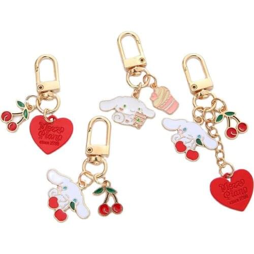 Kawaii Cinnamoroll Sanrio Plush Plushie Cartoon Princess Doll Cherry Cinnamon Dog Keychain Anime Figure Toy For Girl Birthday Gi