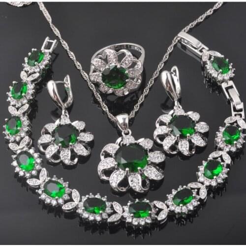 Bridal Jewelry Set Green Crystal Sun Flower For Women Wedding Silver Color Bracelet Necklace Pendant Earrings Ring QS0350