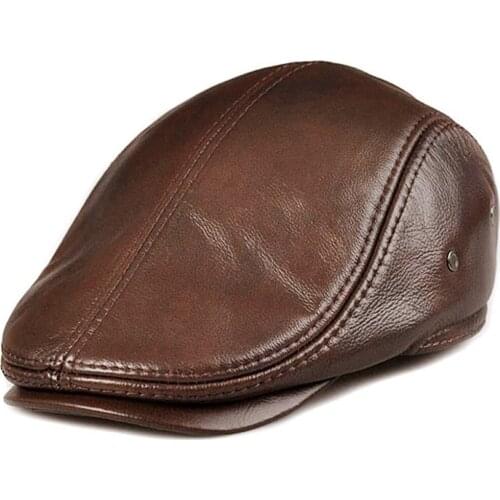 Mens Real Cowhide Leather Beret Hunting Cap Beanie Trucker Cap Mens Sports Hat