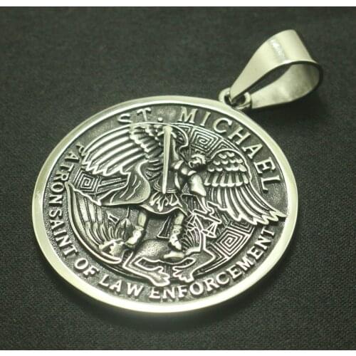 Newest Cool 316L Stainless Steel Star Big SAINT MICHAEL PROTECT US Round Medal Pendant