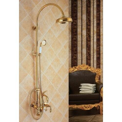 Free standing Ti-Gold wall mounted swan Bath Tub Rainfall shower Filler Faucet with Handshower