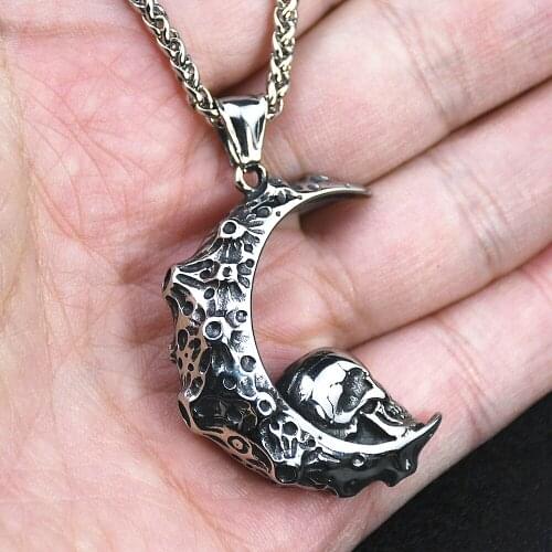 Stainless Steel Moon Goddess skull Pendant Necklace Men punk rock Skeleton Biker Jewelry
