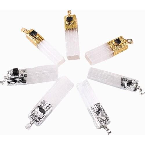 Natural Selenite Stone Pendant with Small Charm Goldtone and Silvertone Selenite Spiritual Healing Massage Necklace