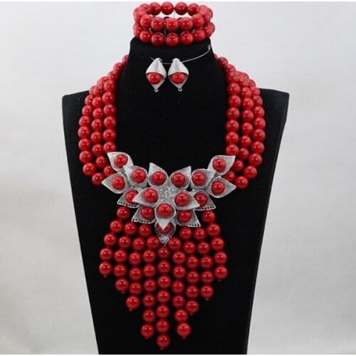 Latest Fashion 2017 Bride Gift Splendid Red African Beaded Jewelry Set Wedding Bib Statement Necklace Set Free Shipping ABH290